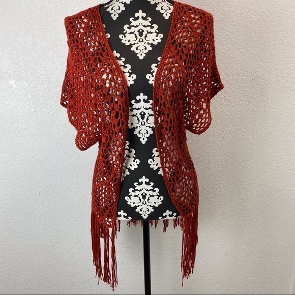 Vivid Collection Burnt Orange Crochet/Knitted Open Front Cardigan Fringe Bottom - Picture 1 of 10